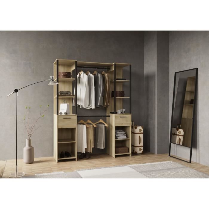 Dressing double - L160 x P50x H200 cm - Décor chêne et noir - DEMEYERE