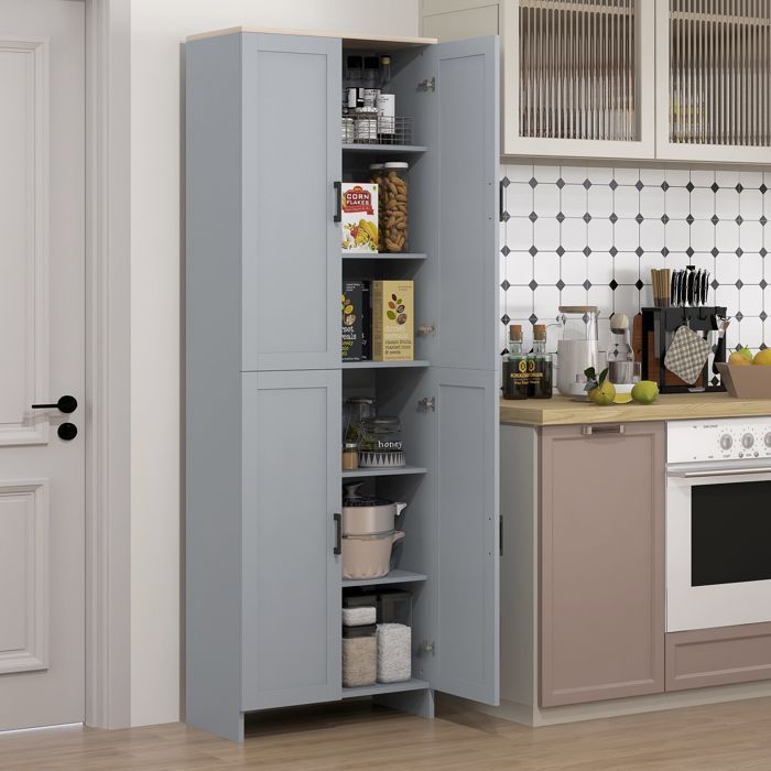 Mueble de cocina - HOMCOM - altura 170 cm - aparador alto con 4 puertas y estantes ajustables - diseño moderno - gris