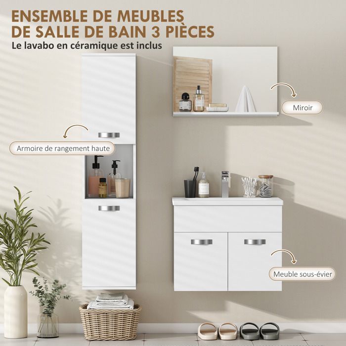 Ensemble de Meubles de Salle de Bain - kleankin - 4 Pièces - Mural - Miroir, Meuble sous Vasque, Lavabo et Armoire Haute - Blanc
