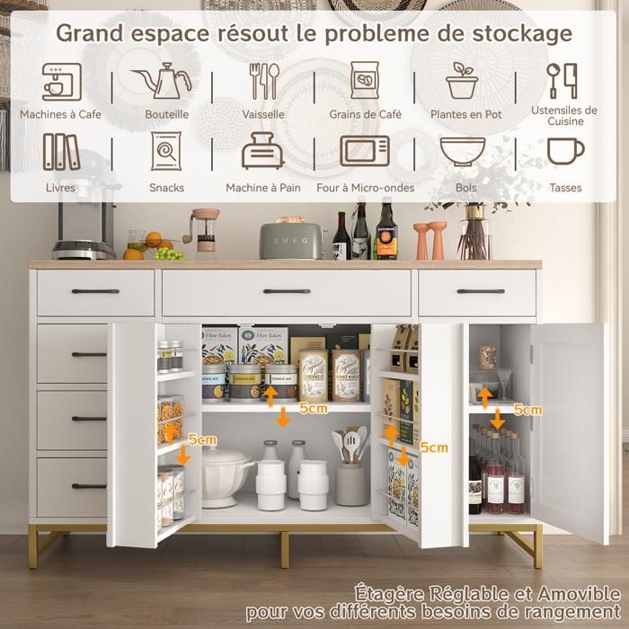 Buffet Cuisine Meuble de Rangement-140x40x80 CM-étagères réglables-Buffet Salon avec 4 Portes 6 Tiroirs-pour Salon,Salle à Manger