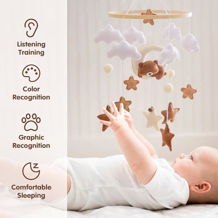 Mobile lit bébé en bois avec ours, étoiles, nuages, lune et cloches, cadeau naissance, couleur marron .