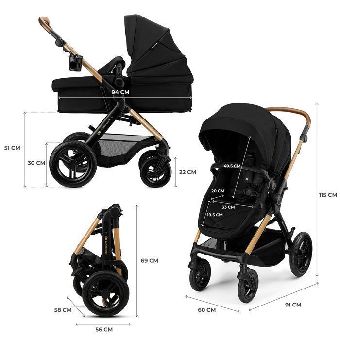 Kinderkraft MOOV2 XL 3-i-1-resesystem, med i-Size-bilbarnstol, stor XL-liggdel, resesystem, svart
