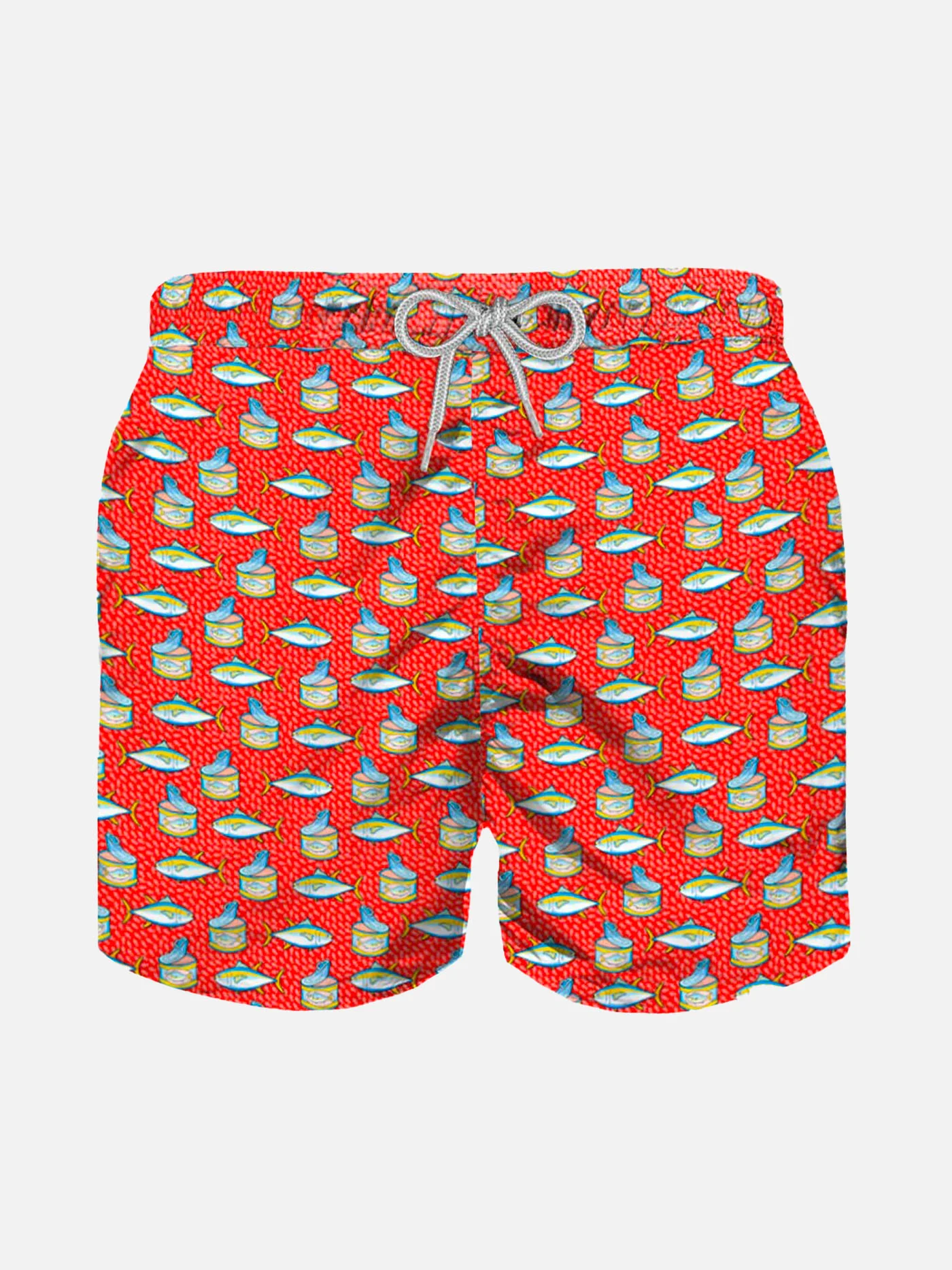 Lichtrood zwempak voor jongens met een print van een klein tonijnblikje.