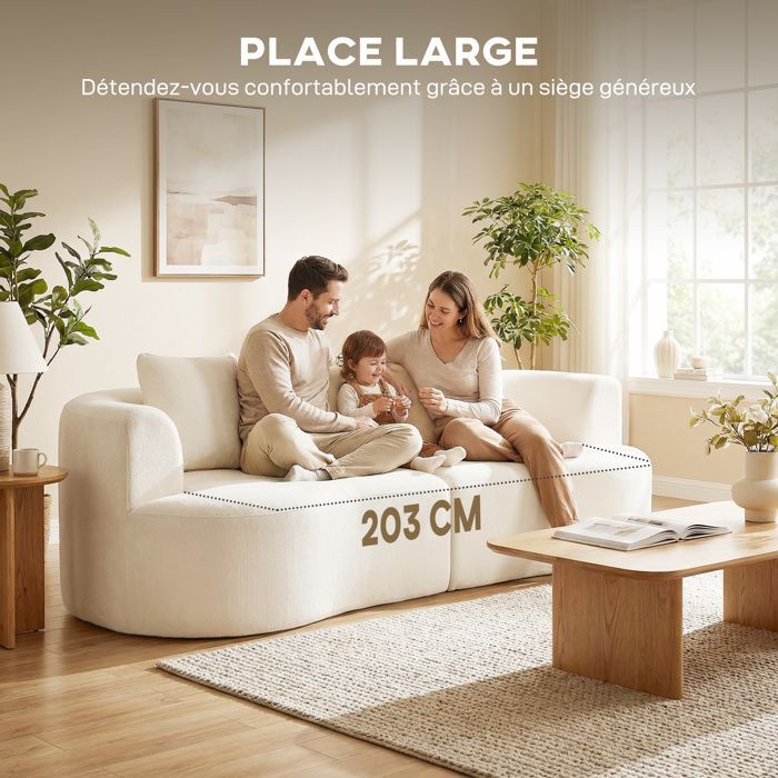 Sofá de 3 plazas - HOMCOM - asiento ancho, 3 cojines - totalmente comprimido, no requiere montaje - tejido de chenilla - 260 cm - color crema