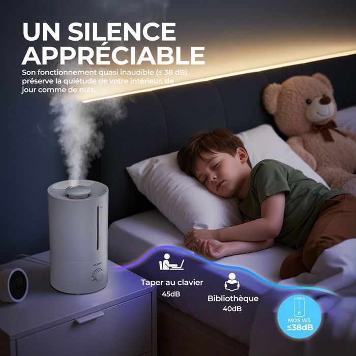Humidificador de aire ROUNY 4L - Funcionamiento ultrasilencioso - 350 ml/h - Salida de niebla ajustable de 360° - NOS W3