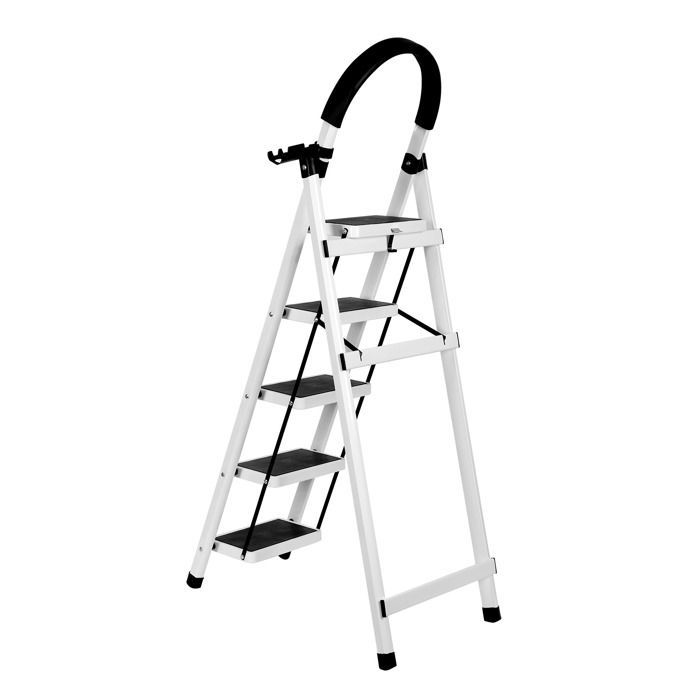 Escalera plegable de acero blanca de 5 peldaños y 152 cm de altura, con asa y plataforma antideslizante, capacidad de carga de 150 kg.