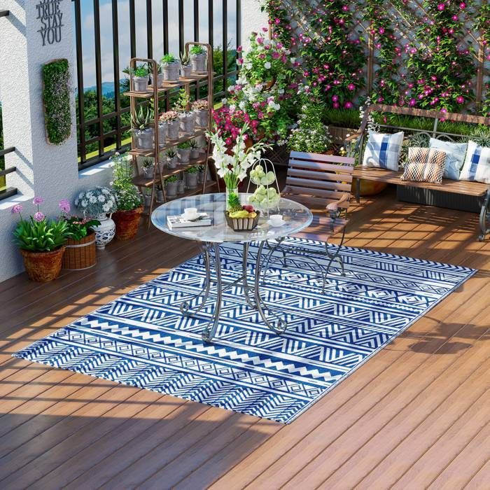 Tapis extérieur - Outsunny - style graphique réversible 2 motifs haute densité 310 g/m² décoration - PP - 2,74x1,82m - bleu blanc