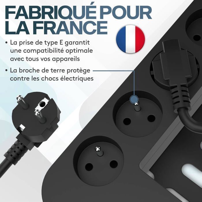 Caixa organizadora de cabos ACROPAQ compatível com a França - capa para régua de tomadas com régua de tomadas integrada - USB-A e USB-C - armazenamento de cabos - 2500W