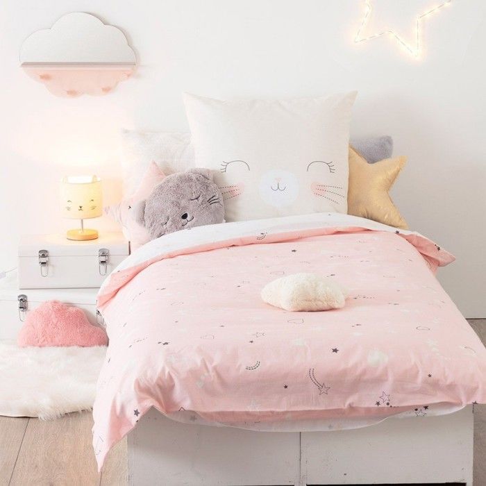 Funda nórdica infantil de 140x200 cm con diseño de gato + funda de almohada 100% algodón orgánico 57 hilos