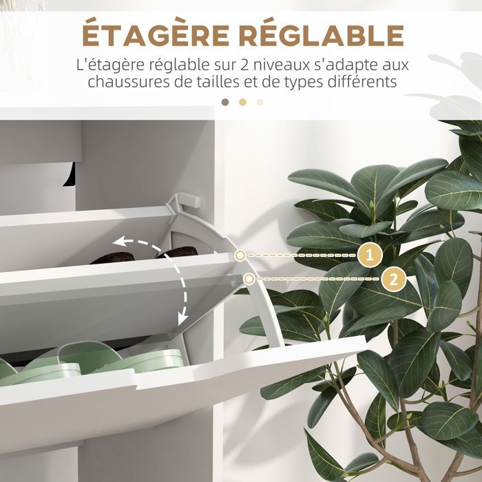 Zapatero - HOMCOM - 4 puertas abatibles - 16 pares - estante ajustable - patas de madera de pino - gran capacidad - blanco