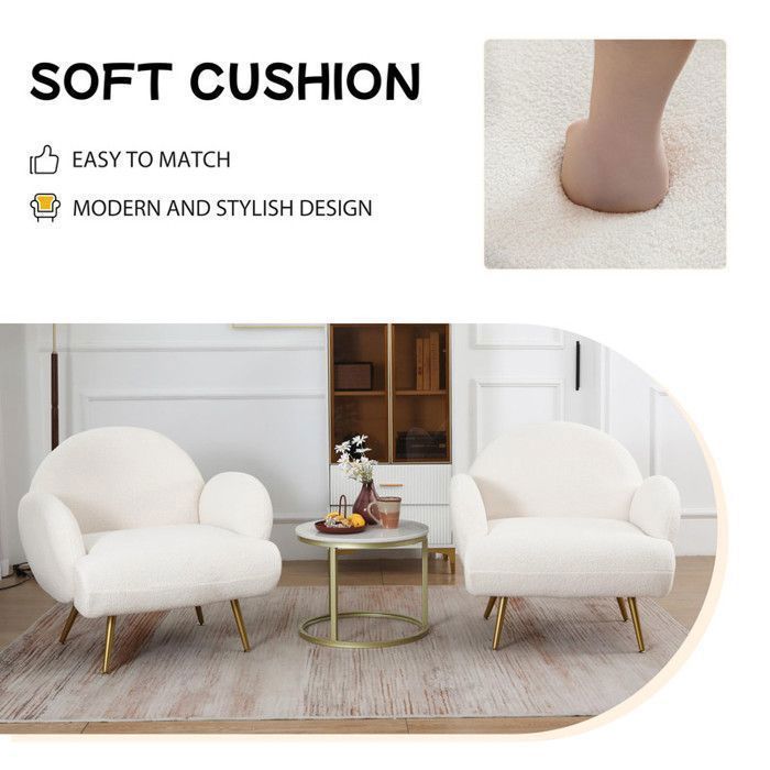 Poltrona relax DYHOME, divano singolo moderno, tessuto felpato effetto orsetto, gambe dorate, bianco