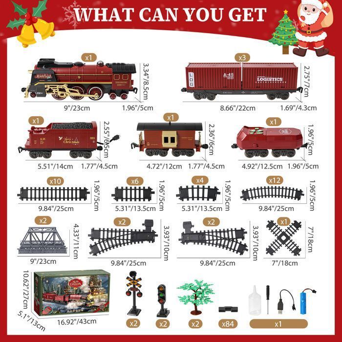 Tren eléctrico infantil con mando a distancia y luces navideñas - Circuito de tren eléctrico - 216 x 99 cm - 5 vagones - Luces y sonidos