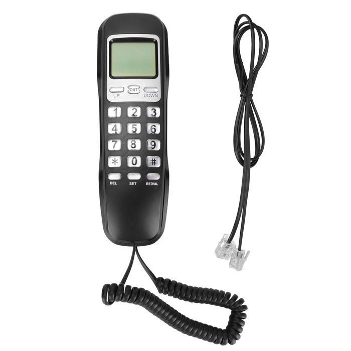 Telefone fixo com fio, tela LCD, compacto, rediscável, acabamento preto, para telefonia residencial e comercial.