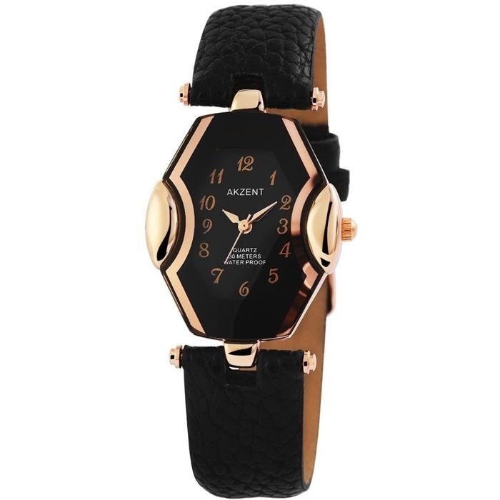 Reloj de mujer - AKZENT - AK1700 - Caja en forma de tonel de oro rosa - Esfera negra - Correa de piel sintética de 18 mm