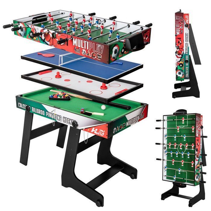 Tavolo da gioco pieghevole 4 in 1 - Calcio balilla - Biliardo - Ping-pong - Hockey - Asta telescopica - 121x61x81 cm
