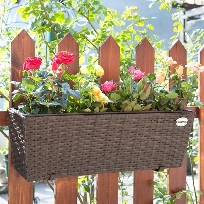 2x Bac à fleurs en polyrotin marron Jardinière pour balcon Pot de fleur avec fixation Terrasse Fenêtre Balustrade