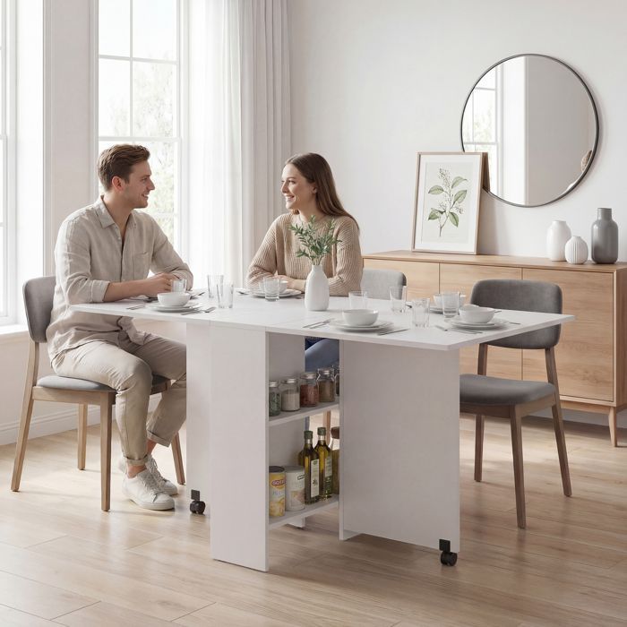 Mesa de cocina plegable - HOMCOM - con ruedas, 2 estantes integrados, mueble - madera - 75x140x74cm - blanco