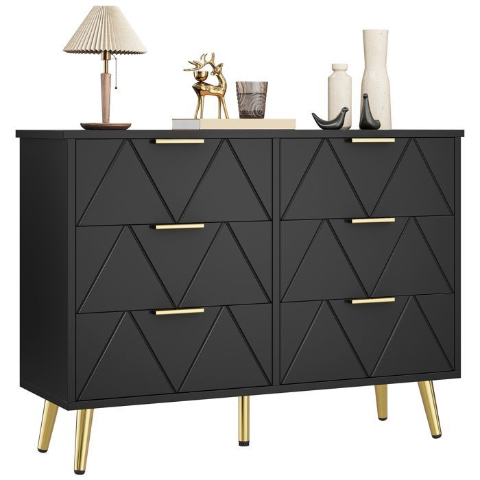 YITAHOME Commode à 6 tiroirs, Large Commode en Bois, Meuble de Rangement Coulissant, Meuble de Bureau Salon, 102 x 34 x 75cm, Noir