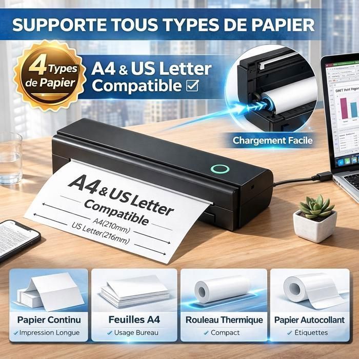 Thermodrucker mit 215 Blatt A4-Papier, Bluetooth-fähig, kompatibel mit PC/Mac/iOS/Android, 203 dpi, tragbarer Drucker