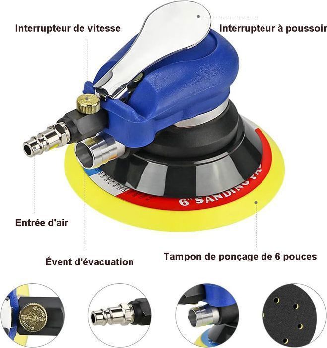 Ponceuse Excentrique 150mm - Ponceuse Pneumatique - Ponceuse Carrosserie Voiture - Bleu, 10,000 Orb/min - pour le polissage,ponçage