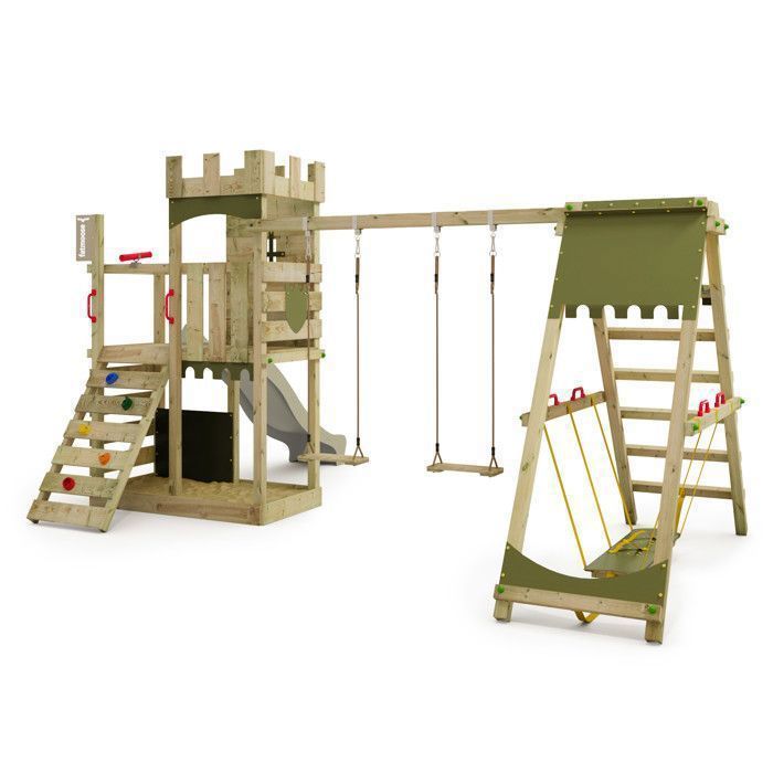Tour de jeux bois FATMOOSE BoldBaron XXL avec SurfSwing, toboggan 220 cm vert sauge et mur d’escalade – 10 ans de garantie*