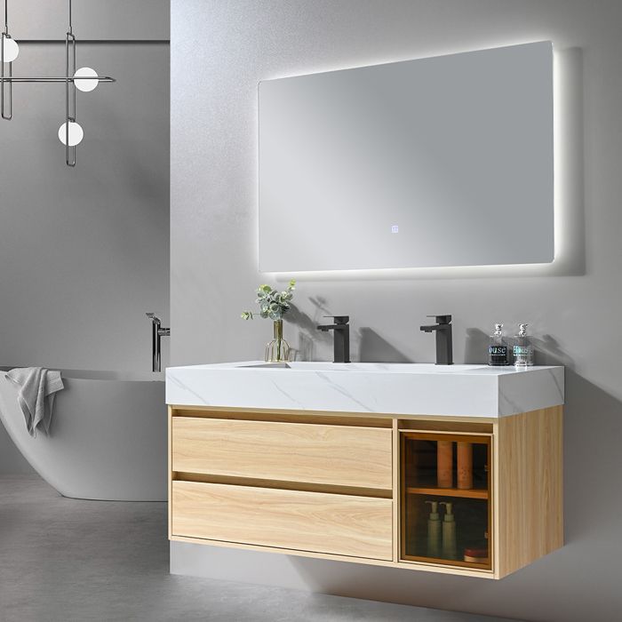 Mueble de baño LuxuryBain de 120 cm con doble lavabo, acabado en madera y efecto mármol blanco, con espejo LED (LB-8512).