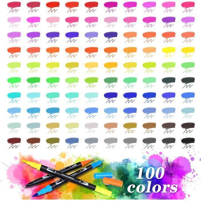 Coloring Markers, 100 Colors Watercolor Art Brush Tip Pens and Fine Tip Pens for Adult Coloring Books, Drawing