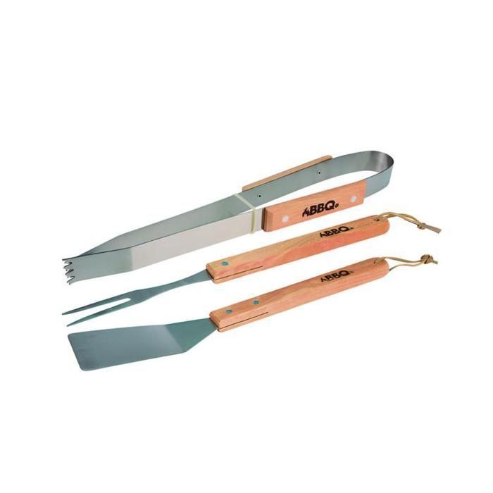 Juego de accesorios para barbacoa - 3 piezas - Mangos de madera de mango - Pinzas, pala, brocheta doble - Gris