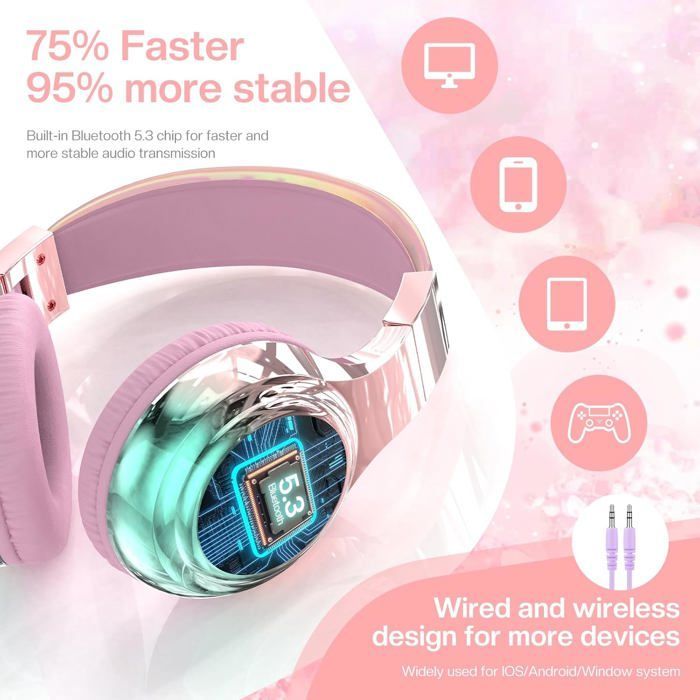 Wireless children's headphones, metal, Bluetooth 5.3, microphone, foldable, for girls, boys, teenagers, compatible with iPad, PC, tablet, pink