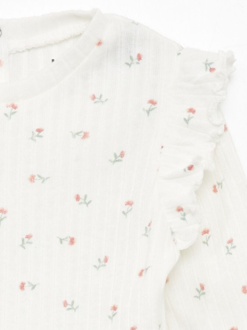 T-shirt met lange mouwen, geribbelde zomen en ruches - WIT