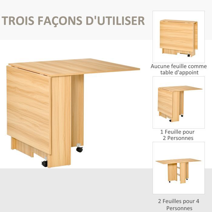 Table pliante - HOMCOM - cuisine salle à manger amovible sur roulettes 2 étagères bois - bois - 80x140x74cm - naturel