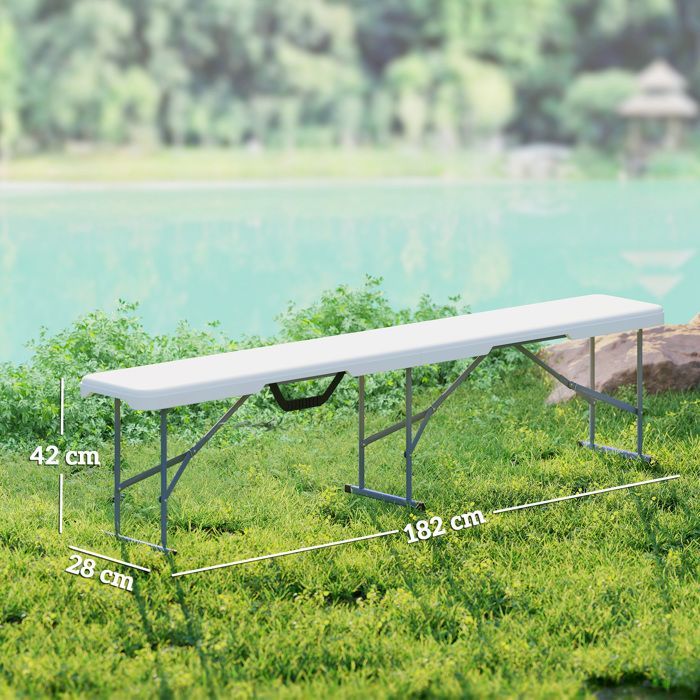 Lot de 2 Bancs de jardin - Outsunny - pliants - avec poignée de Transport - en Métal et HDPE - 182 x 28 x 42 cm - Blanc