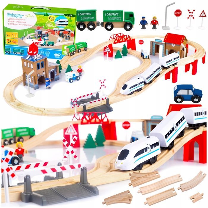 Tren de madera de 80 piezas con locomotora a pilas y comisaría de policía - Serie Verde (GS0010)