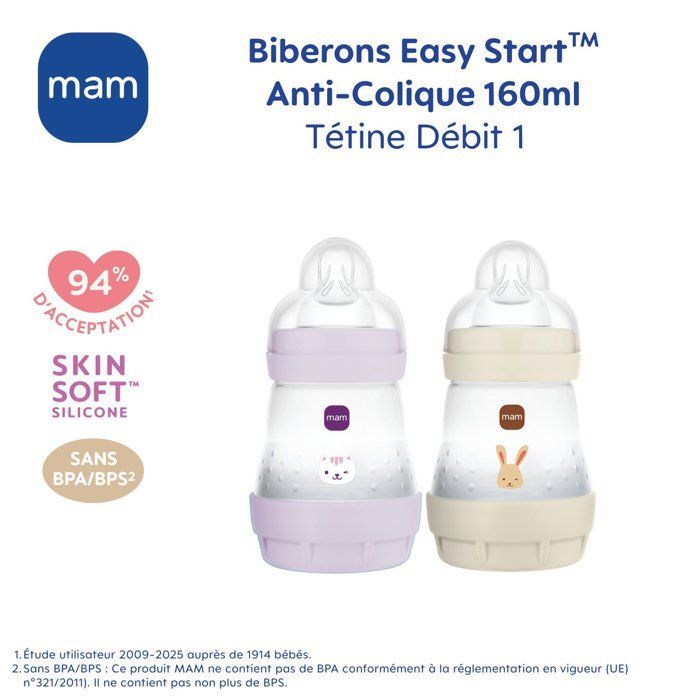 Conjunto de 2 Mamadeiras - MAM - Easy Start - Anticólica - 160 ml - Bico Tamanho 1 - Lilás + Areia