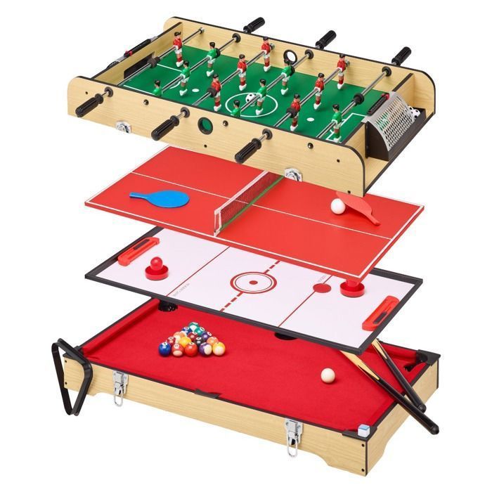 Tavolo da gioco multifunzione 4 in 1 KANGUI: calcio balilla con aste telescopiche, biliardo, ping pong e hockey.