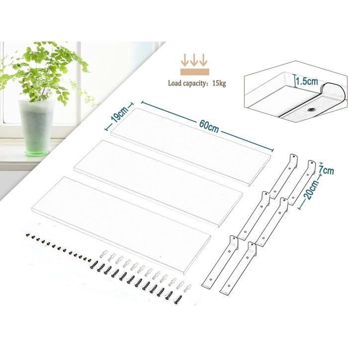 Juego de 3 estantes de pared EUGAD, estantes flotantes, 60x20x7cm, MDF y hierro, blanco