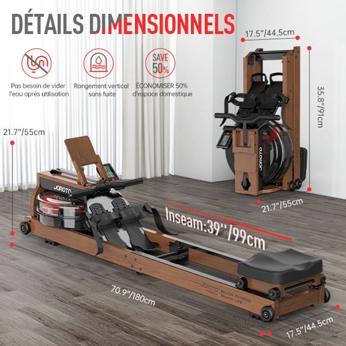 Rameur à eau - JOROTO - MR280Pro - Chêne massif - Pliable - Moniteur Bluetooth (Kinomap)