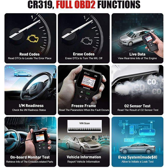 Scanner de diagnóstico automotivo LAUNCH CR319 OBD2/EOBD/CAN para leitura e eliminação de códigos de erro do motor.
