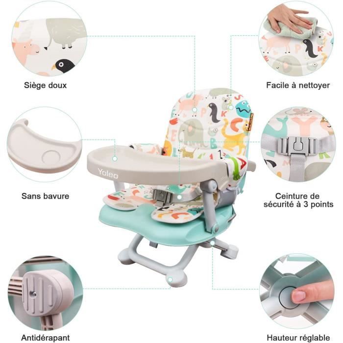 Réhausseur Chaise Enfant Pliable, Chaise Bébé Portable, Bébé Chaise repas en Hauteur Réglable, Plateau Amovible,6 mois à 3 ans,