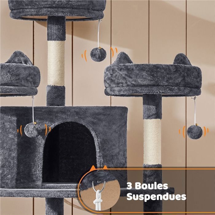 XXL 175cm Cat Tree with Sisal Scratching Posts, Caves, Balls and Perches, Multi-Level Cat Play House, Dark Grey YAHEETECH