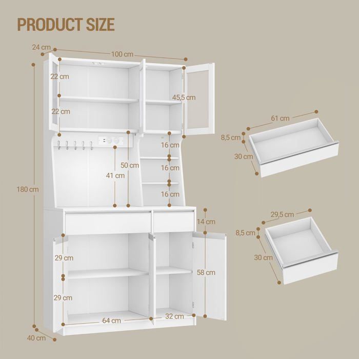 Muebles de cocina, aparador, vitrina alta con tomas de corriente LED, encimeras y dos cajones, estantes ajustables, color blanco.
