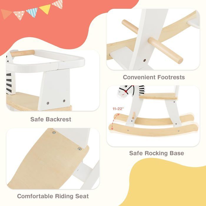 Cavalo de balanço de madeira GOPLUS com barreiras removíveis, brinquedo de balanço em forma de zebra, apoio para os pés, capacidade de carga de 40 kg, para crianças a partir de 3 anos, branco