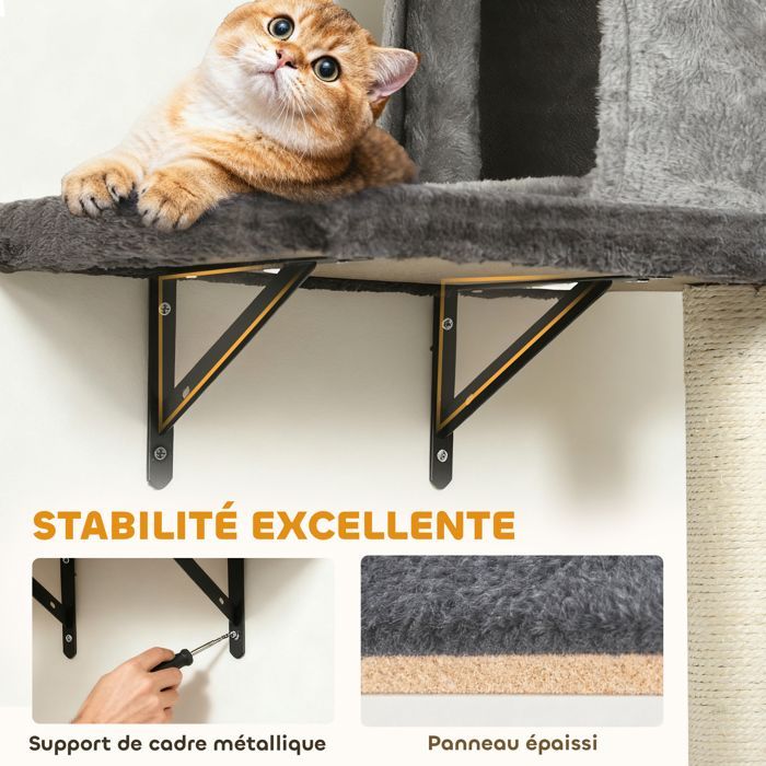 Estantes de pared para gatos, árbol rascador de pared de 5 piezas con 2 casitas, hamaca, plataformas y postes rascadores de sisal en color gris.