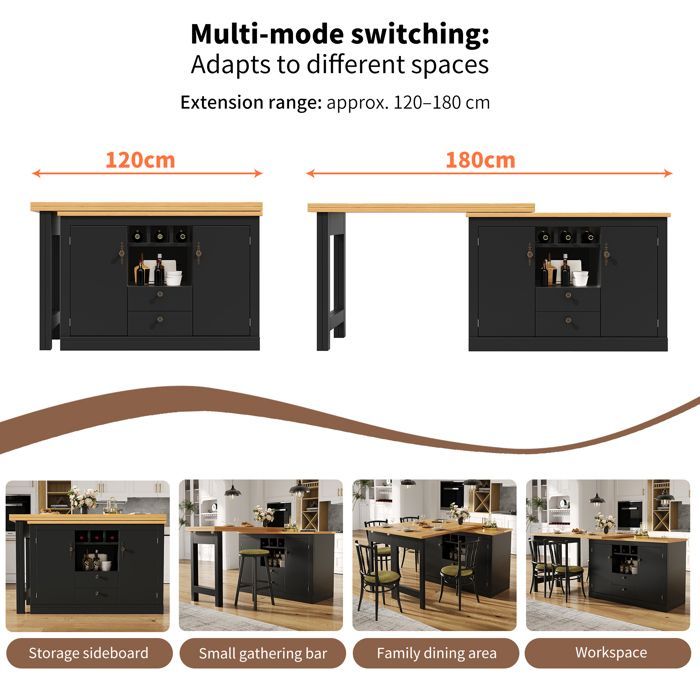 Isla de cocina multifuncional extensible, mesa de bar ajustable con rotación de 360° (120-180 cm), con 2 cajones y puertas, color negro.