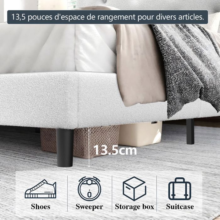 Cadre de Lit 160x200 cm, Sommier à Lattes en Métal pour Adulte Tête de Lit et Capitonnée, Montage Facile, Structure de Lit Solide