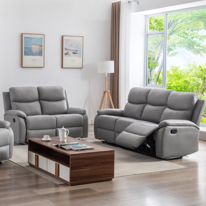 ZOLARA 3+2 Seater Manual Reclining Sofa Set in Light Grey PU Leather -