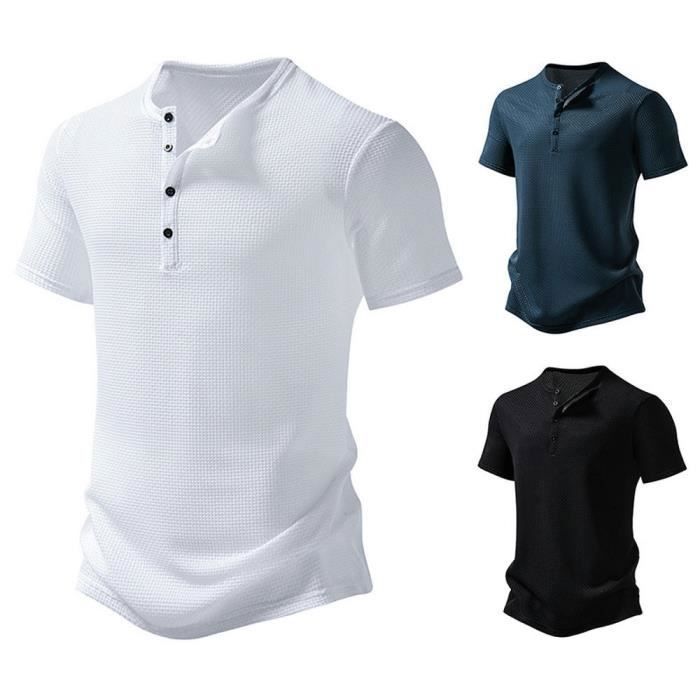 Men's Short Sleeve Lightweight Regular Fit Henley T-Shirt, Summer Crew Neck with 4 Buttons, Solid Color - EU Size - White