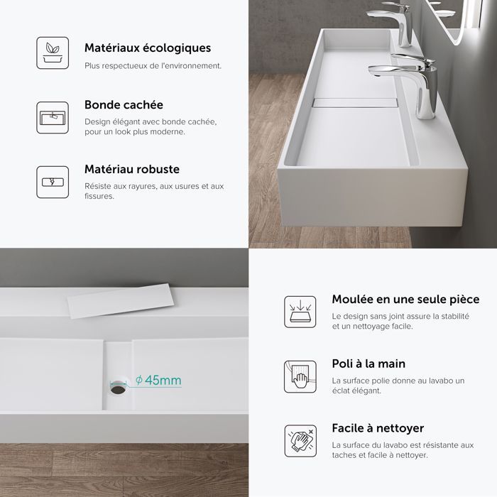 Lavabo de encimera blanco mate doporro, lavabo de baño mural con orificios pretaladrados para 2 grifos, 120x40x14cm, Colossum6028