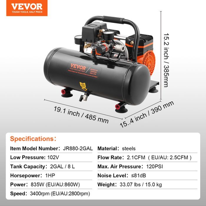 Compresor de aire - VEVOR - JR880-2GAL - 8 L - 860 W - Sin aceite (8 bar)