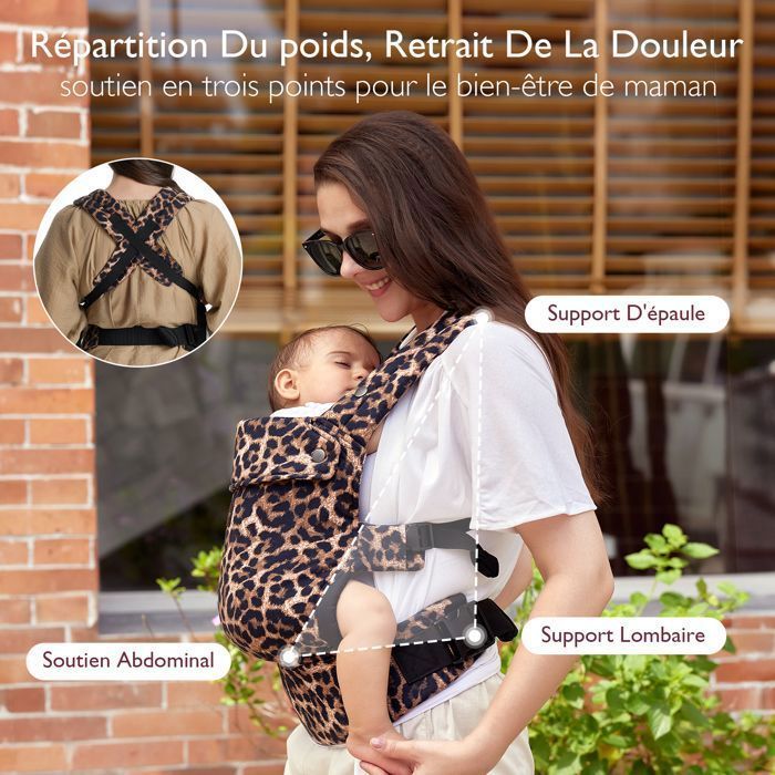 Momcozy-kantoreppu, ergonominen kantoreppu, sopii vauvoille 3,2–20 kg, leopardikuvio